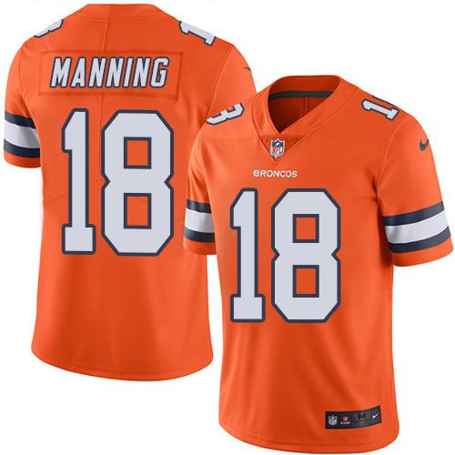 Nike Broncos #18 Peyton Manning Orange Men's Stitched NFL Limited Rush Jersey - Click Image to Close